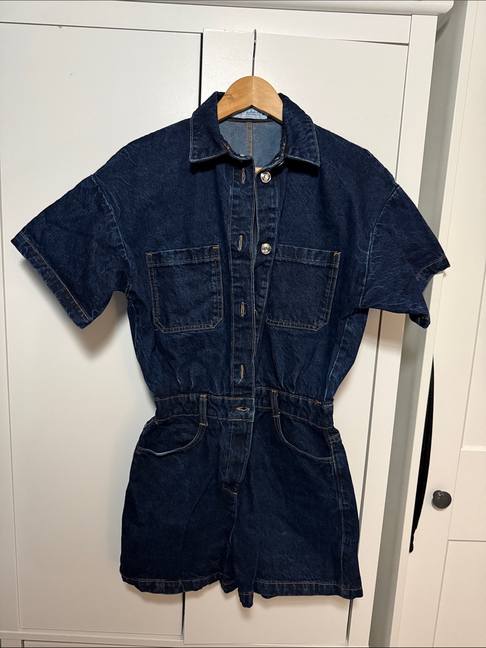 Zara Dark Blue Denim Short-Sleeve Romper